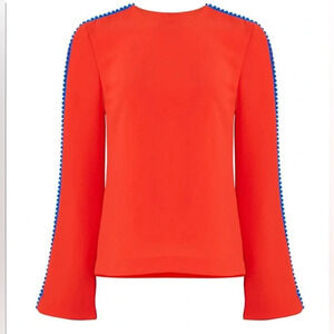 Galvan London NWT Misti Long Sleeve Crepe Pom Pom Blouse 4 Red Cobalt